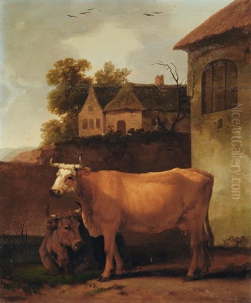 Kuhe Vor Gehoft Oil Painting by Abraham Van Calraet