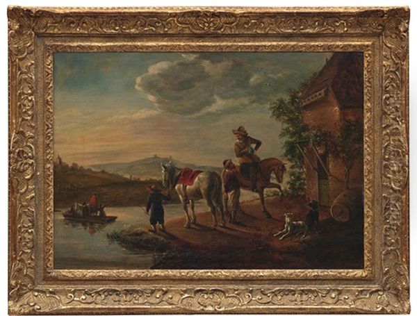 Hugelige Flusslandschaft Mit Boot - Im Vordergrund Manner Mit Pferden Und Hunden Vor Einer Taverne Oil Painting by Abraham Van Calraet