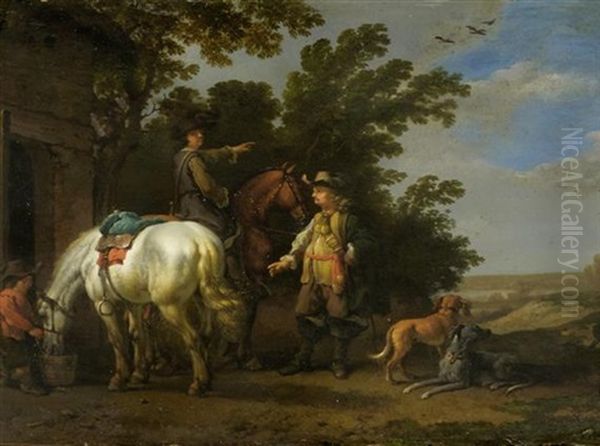 Zwei Reiter Und Hunde Bei Der Rast Oil Painting by Abraham Van Calraet