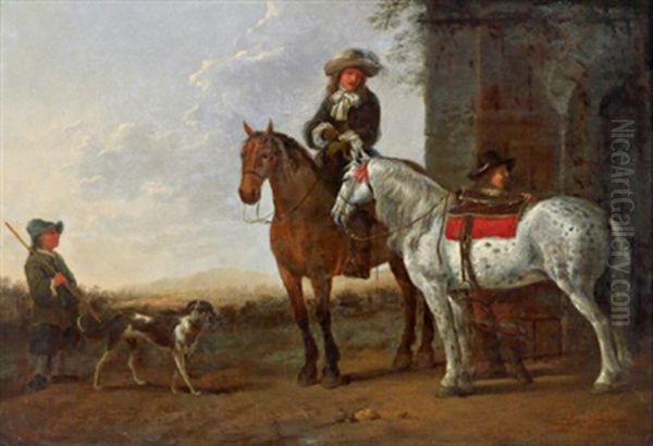 Aufbruch Zur Jagd, Zwei Reiter Und Ein Junge Mit Einem Hund Oil Painting by Abraham Van Calraet