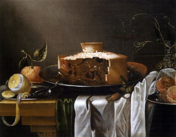 Nature Morte A La Tourte Et Aux Plats De Fruits Oil Painting by Abraham Van Calraet