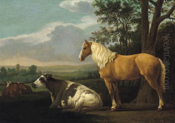 Drei Kuhe Und Ein Pferd In Einer Hollandischen Weidelandschaft Oil Painting by Abraham Van Calraet