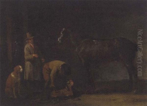 Two Men Saddling A Horse Oil Painting by Abraham Van Calraet