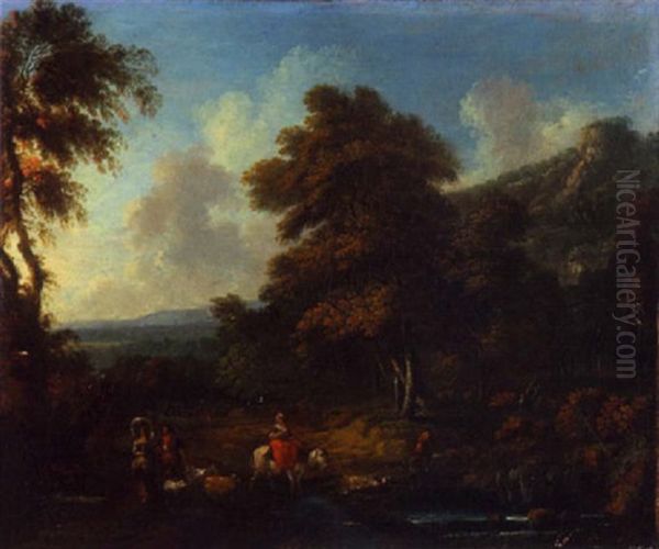 Troupeau Pres De La Riviere Oil Painting by Abraham Van Calraet