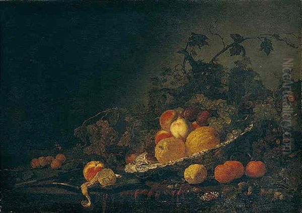 Still Life Of Quinces, Plums, Peaches And Grapes In A Silver Salver, Together With A Peach And A Peeled Lemon On A Silver Plate Oil Painting by Abraham Van Calraet