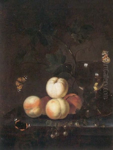 Still Life Of Peaches, Grapes, Vine Leaves And A Roemer, Arranged Upon A Stone Table Top, Together With Red Butterflies Oil Painting by Abraham Van Calraet