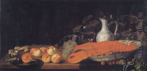 A Lobster In A Porcelain Bowl, A Porcelain Jug, A Roemer, Grapes, Peaches, Shells And A Watch On A Table Oil Painting by Abraham Van Calraet