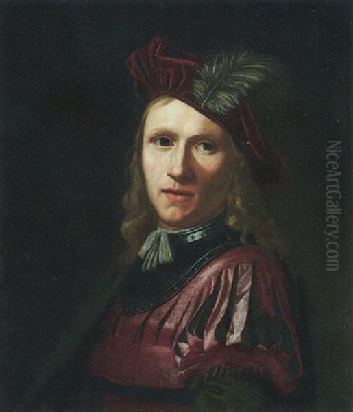 Portrait Of A Man Wearing A Purple Slashed-sleeve Tunic And Plumed Hat, With A Green Mantle Oil Painting by Abraham Van Calraet