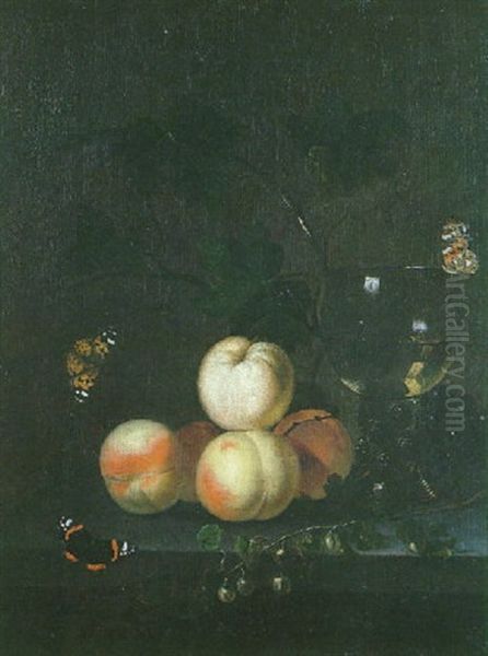 Nature Morte Aux Peches Et Verre De Vin Sur Un Entablement Oil Painting by Abraham Van Calraet