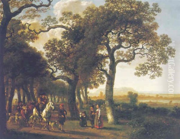 Drovers And Cattle On A Wooded Path Near A River Oil Painting by Abraham Van Calraet