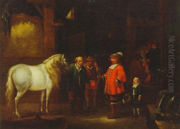 A Gentleman Inspecting A Horse In A Stable Oil Painting by Abraham Van Calraet