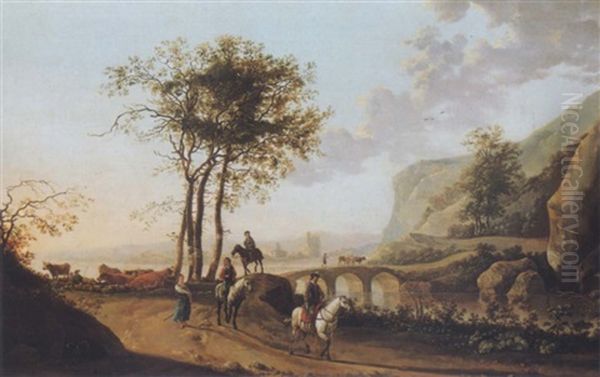 Horsemen And Elegant Riders In A Landscape Oil Painting by Abraham Van Calraet