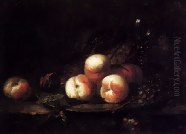 Still Life With Peaches, Grapes And A Fig, All On A Pewter Plate, With A Wine Glass Behind Oil Painting by Abraham Van Calraet