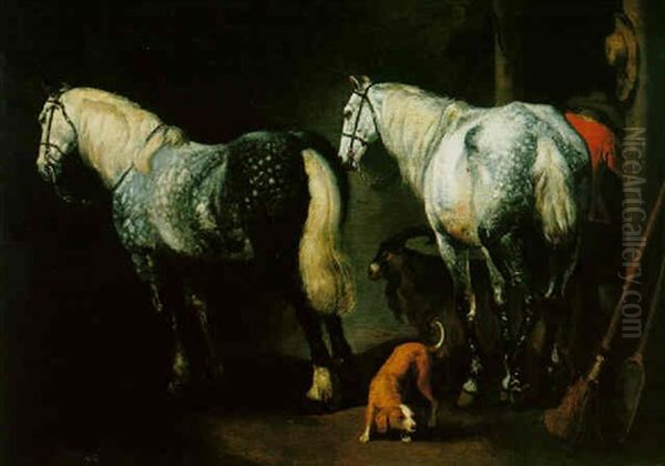 Two Horses In A Barn With A Groom, A Dog And A Goat Oil Painting by Abraham Van Calraet