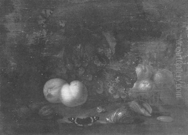 A Still Life Of Fruit And Shells Arranged On A Ledge Oil Painting by Abraham Van Calraet