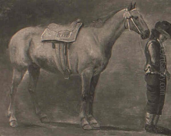 A Boy Holding A Saddled Chestnut Horse Oil Painting by Abraham Van Calraet