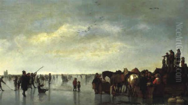 Patineurs Et Chasseurs Sur La Glace Devant La Ville De Dordrecht Oil Painting by Abraham Van Calraet