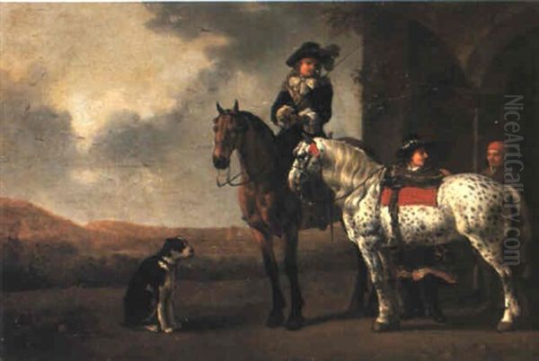 Gentlemen With Horses And A Blacksmith At A Gate Oil Painting by Abraham Van Calraet