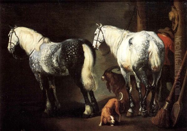 Two Horses In A Barn With A Dog And Goat Oil Painting by Abraham Van Calraet