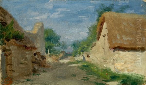 Village Street Oil Painting by Adolphe Felix Cals