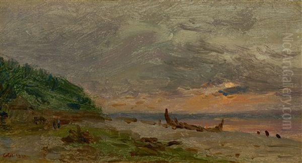 Shipwreck On A Beach At Sunset Oil Painting by Adolphe Felix Cals