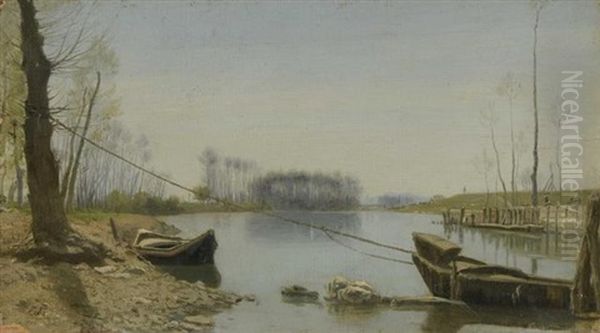 Paysage En Bord De Fleuve Oil Painting by Adolphe Felix Cals