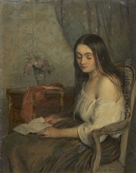 Portrait De Jeune Fille A La Lettre Oil Painting by Adolphe Felix Cals