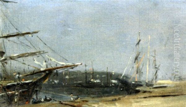 Bateaux A Quai Oil Painting by Adolphe Felix Cals