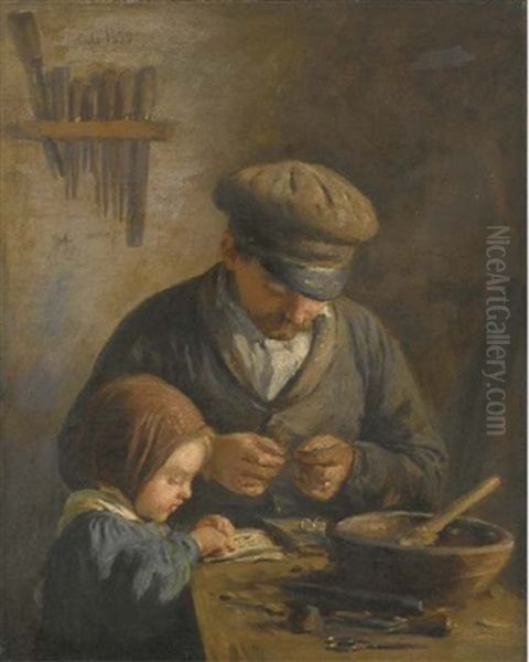 Pere Et Fillette Dans Un Atelier Oil Painting by Adolphe Felix Cals