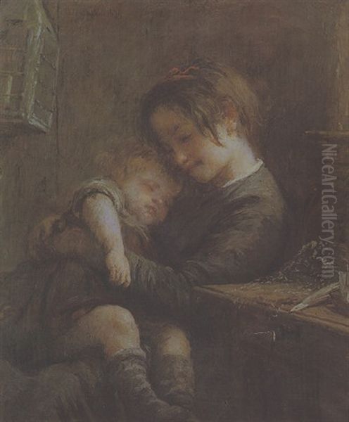 Fillette Et Son Petit Frere Oil Painting by Adolphe Felix Cals