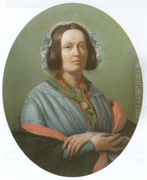 Portrat Einer Dame Mit Spitzenhaube, Kariertem Halstuch, Gemmen-brosche Und Stola Oil Painting by Adolphe Felix Cals