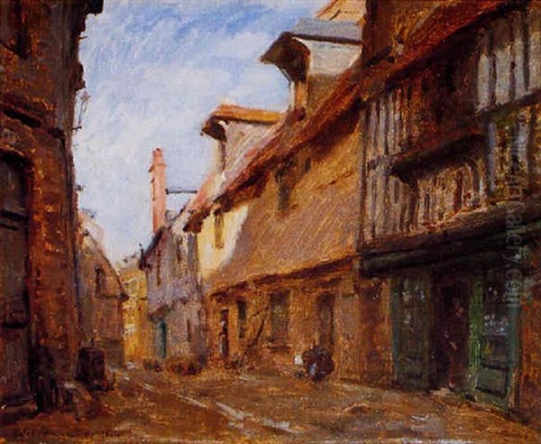 La Rue De La Vielle Halle A St. Valery En Caux Oil Painting by Adolphe Felix Cals