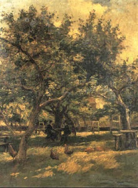 Figures And Poultry In An Orchard Oil Painting by Adolphe Felix Cals