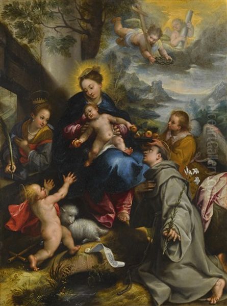 The Madonna And Child With Saints Catherine, Dominic And The Infant Saint John The Baptist, A Landscape Beyond Oil Painting by Denys Calvaert