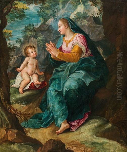 Madonna With Child In A Rocky Landscape Oil Painting by Denys Calvaert