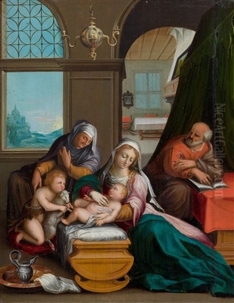 An Interior With The Holy Family, Saint Ann And Saint John The Baptist Oil Painting by Denys Calvaert