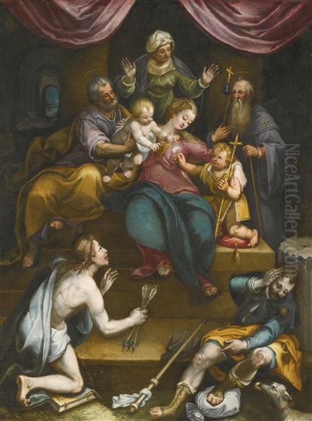 The Holy Family With The Infant Saint John The Baptist And Saint Anne, Together With Saints Anthony Abbot, Sebastian And Roch Oil Painting by Denys Calvaert