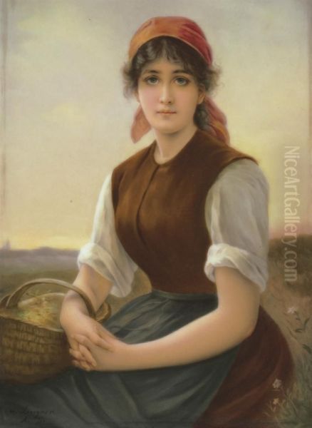 Late 19th/20th Century, Signed With An A.s. Monogram
Finely Painted After Lingner With A Three-quarter Length Portraitof A Seated Raven-haired Beauty In Peasant Attire, A Basket Overone Arm Oil Painting by German Alvarez Algeciras