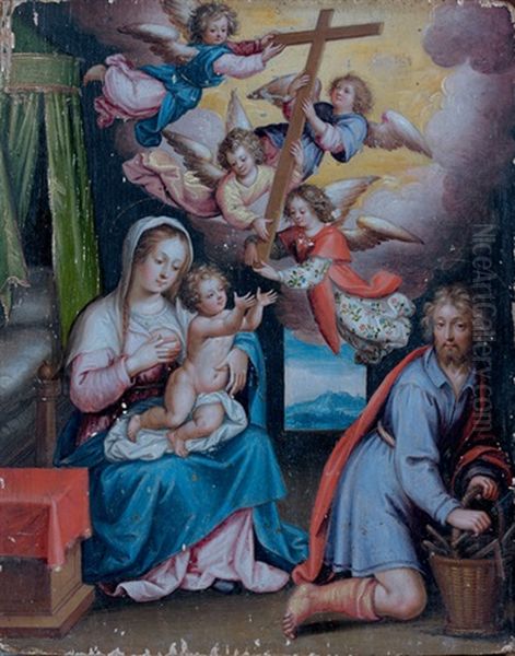 Saint Joseph Et La Vierge A L'enfant Devant La Croix Portee Par Des Anges Oil Painting by Denys Calvaert