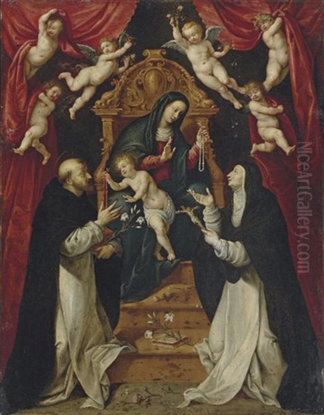 The Madonna And Child Enthroned With Saints Dominic And Catherine Of Siena And Angels Oil Painting by Denys Calvaert