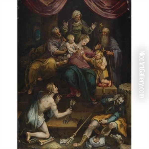 The Holy Family With The Infant Saint John The Baptist And Saint Anne, Together With Saints Anthony Abbot, Sebastian And Roch Oil Painting by Denys Calvaert