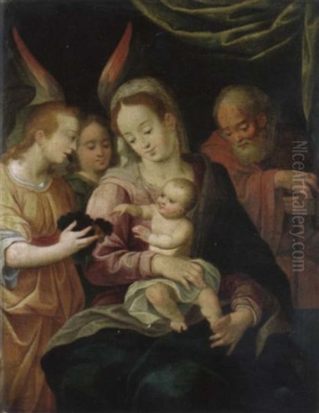 Die Heilige Familie. Ein Engel Reicht Dem Jesusknaben Eine Weintraube Oil Painting by Denys Calvaert