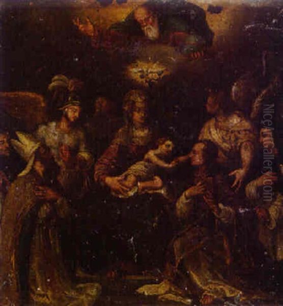 The Madonna And Child With The Archangel Michael, A Bishop Saint, Saint Anthony Of Padua, And Catherine Of Siena Oil Painting by Denys Calvaert