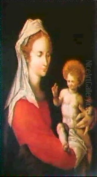 Madonna Mit Kind. Das Jesus- Kind Sitzt Auf Marias Rechtem  Arm, Seine Rechte Hand Zum Segensgestus Erhoben Oil Painting by Denys Calvaert