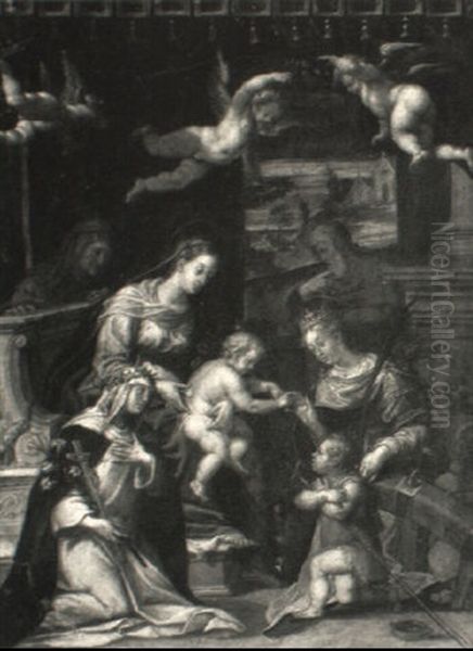 The Holy Family With Sts. Catherine, Anne And The Infant St. John Oil Painting by Denys Calvaert