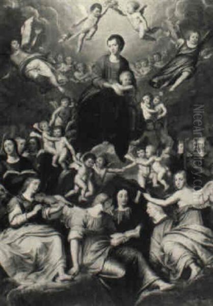 The Madonna And Child In Majesty Surrounded By Putti.. Playing Instruments Oil Painting by Denys Calvaert