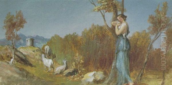 A Shepherdess And Sheep In Rocky Landscape Oil Painting by Edward Calvert