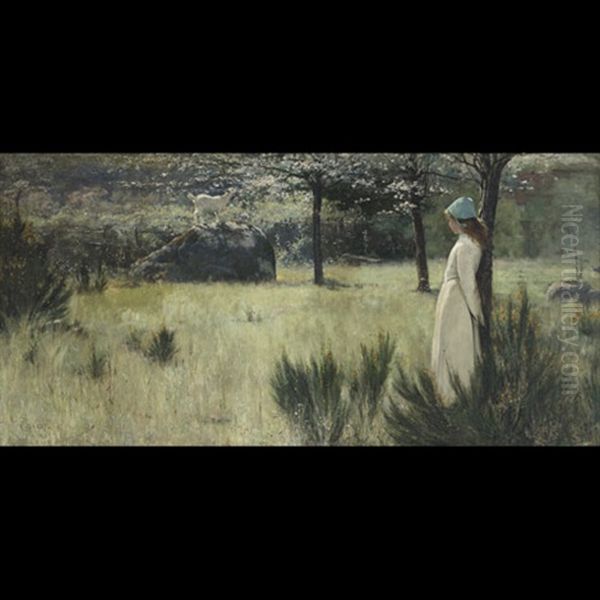 The Young Shepherdess And Her Goat In A Springtime Pasture Oil Painting by Edwin Sherwood Calvert