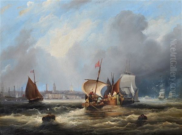 French Trading Boats At The Entrance To A Harbour Oil Painting by Frederick Calvert