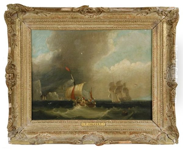 Fishing Boats And Freighters Off Treacherous Coast Oil Painting by Frederick Calvert